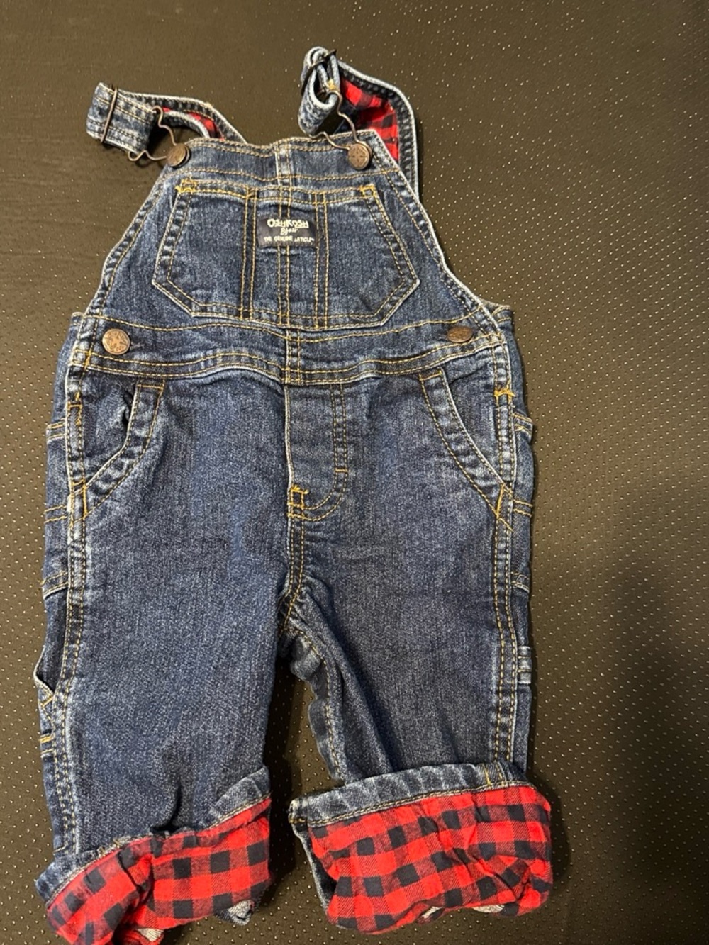 OshKosh B'gosh Dark Blue Denim Overalls with Red Plaid Cuffs
